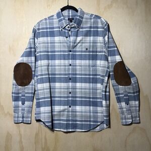 J Crew Flannel Shirt Mens Medium Blue Plaid Elbow Patch Button Down